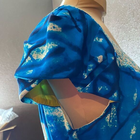 Yoana baraschi blue white batik style splash silk dress with chartreuse belt - Picture 4 of 9